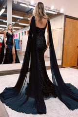 Black Sequined Long Prom Dress with Mermaid Cut and Deep V-Neck Cape