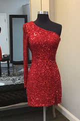 Sparkly Red One Shoulder Backless Sequins Fringed Tight Short Homecoming Dress/Mini Dress
