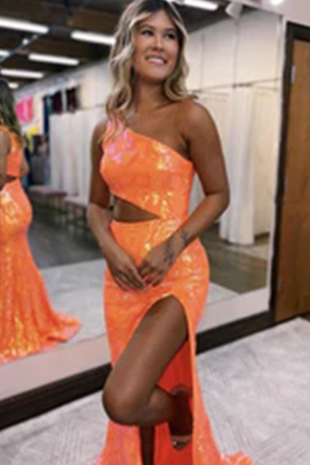 Long One Shoulder Prom Dress in Sparkly Orange Sequin with Slit