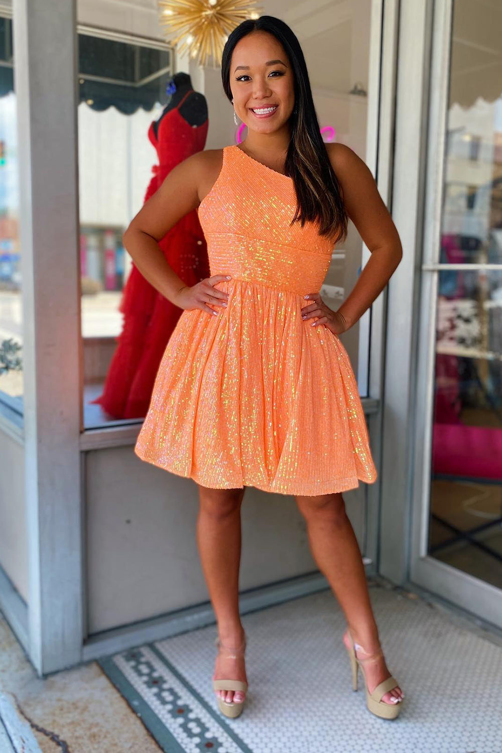 Navy Sequins One Shoulder A-Line Short Homecoming Dress/Mini Dress