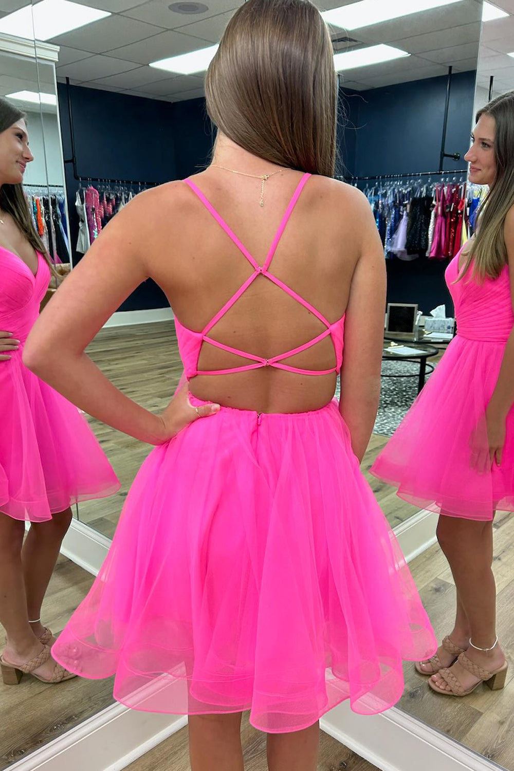 Simple Hot Pink Lace-Up Back A-Line Organza Short Homecoming Dress/Mini Dress