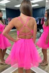 Simple Hot Pink Lace-Up Back A-Line Organza Short Homecoming Dress/Mini Dress