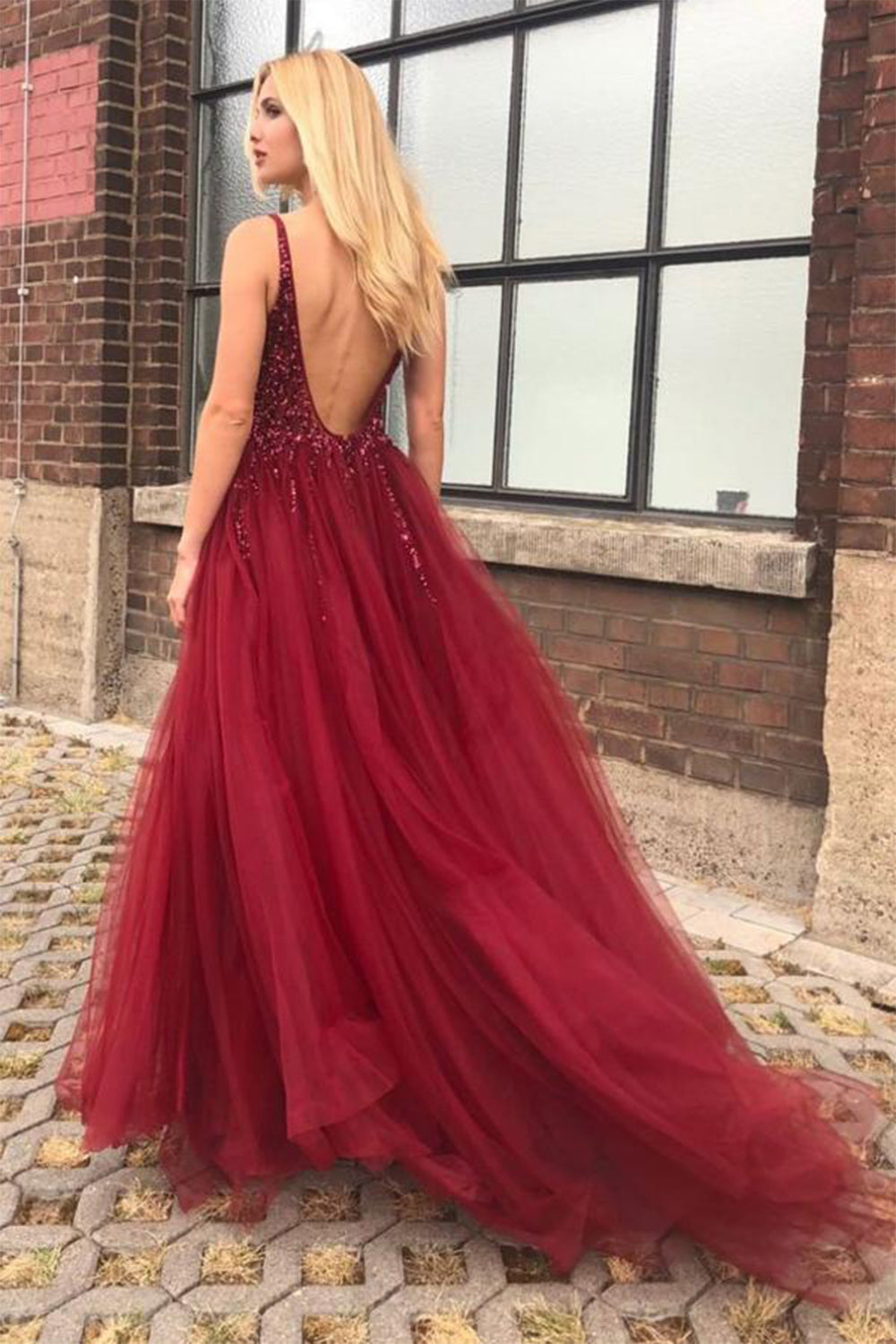 Long Beaded Prom Dress in Burgundy with a Slit