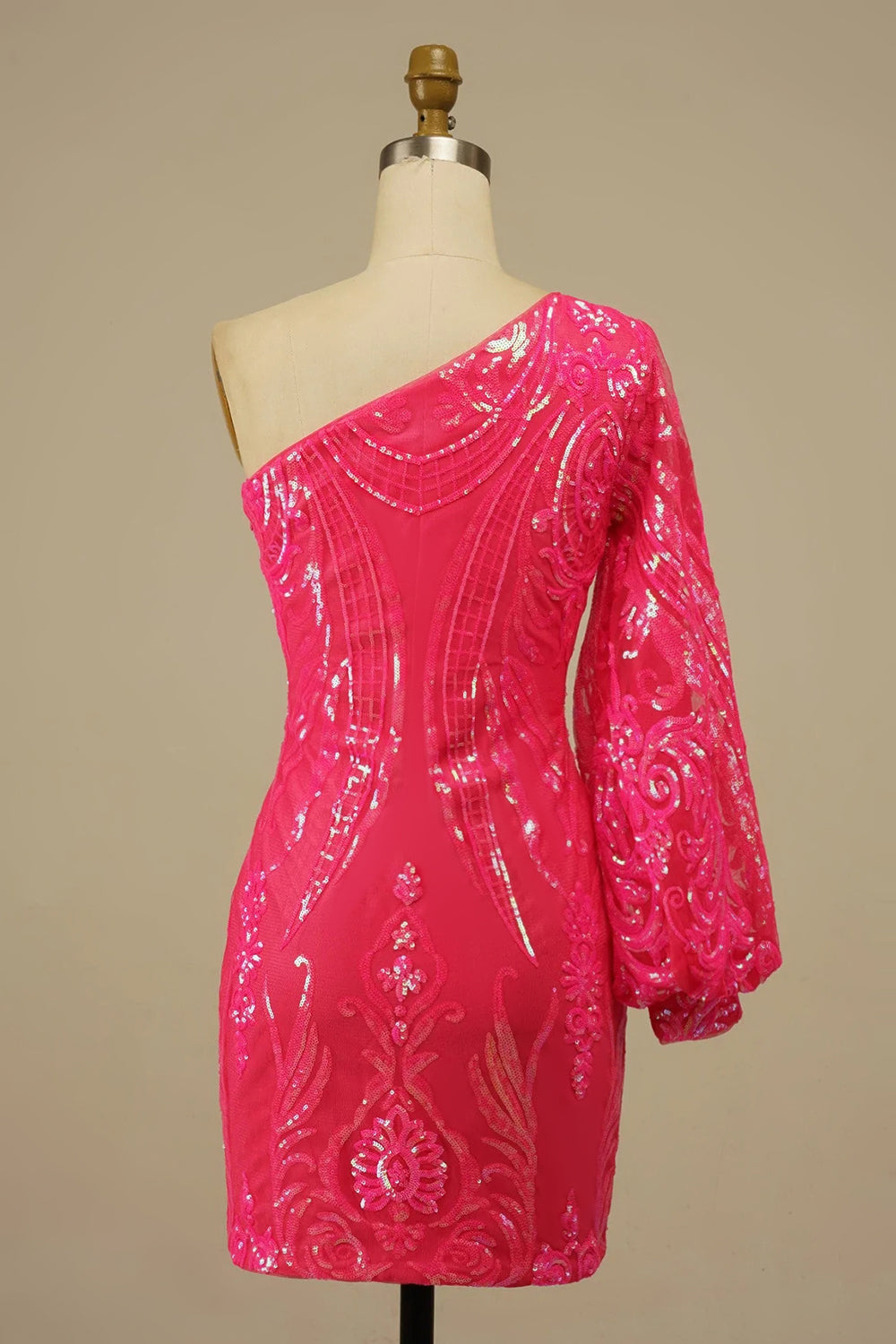 Hot Pink Beaded Sequins One Shoulder Tight Homecoming Dress/Mini Dress