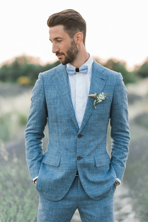 Casual Ocean Blue Linen Summer Beach Groom Wedding Suits (Man Blazer Tuxedo)