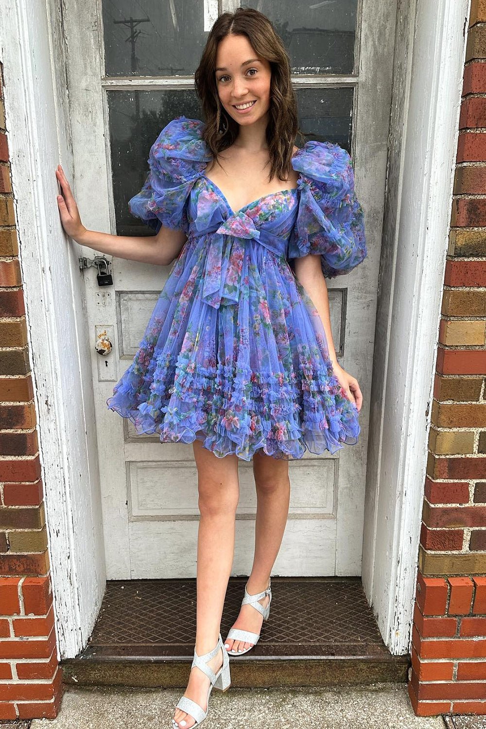 Fuchsia Puff Sleeves A-Line Floral Short Homecoming Dress/Mini Dress with Ruffles