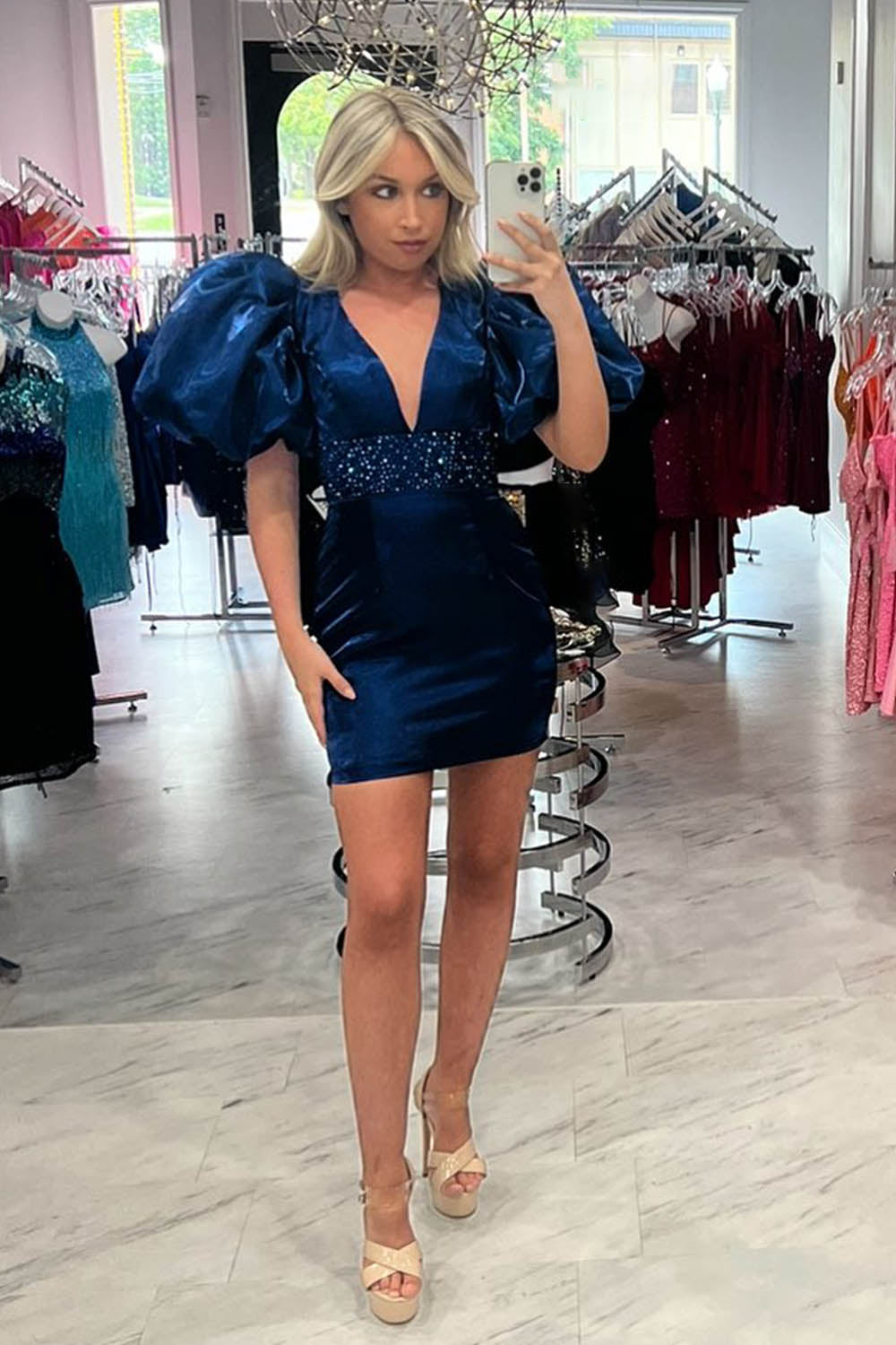 Sparkly Red Sequins Lace-Up Puff Sleeves Tight Short Homecoming Dress/Mini Dress