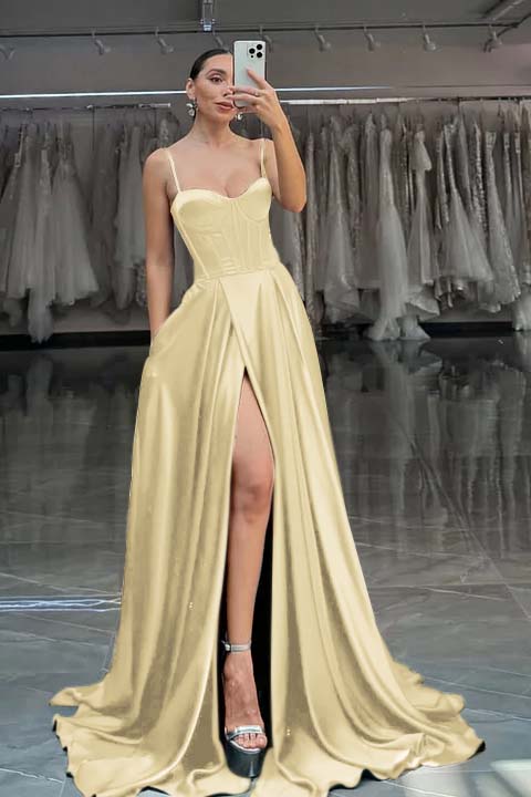 Spaghetti Strap Sleeveless Long Split Formal Dress With Pleated