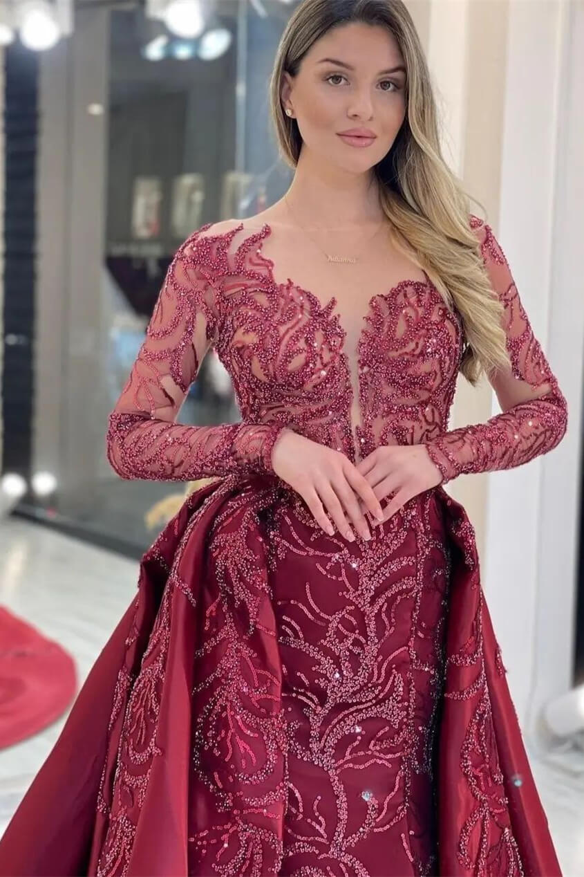 Burgundy Long Sleeve Mermaid Evening Dress With Beautiful Sequins Beadings Overskirt