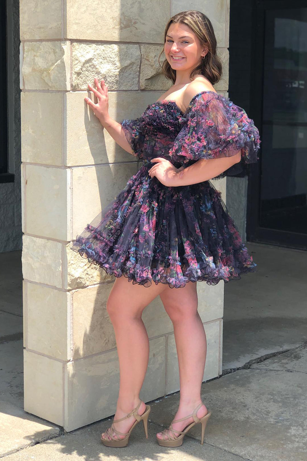 Fuchsia Corset Puff Sleeves A-Line Short Homecoming Dress/Mini Dress with Ruffles