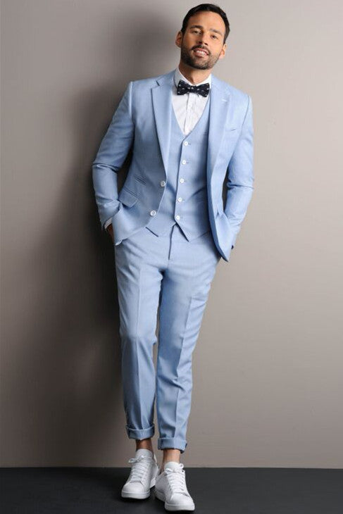 Popular Sky Blue Notched Lapel Three-Piece Groom Prom Suit