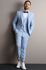 Popular Sky Blue Notched Lapel Three-Piece Groom Prom Suit