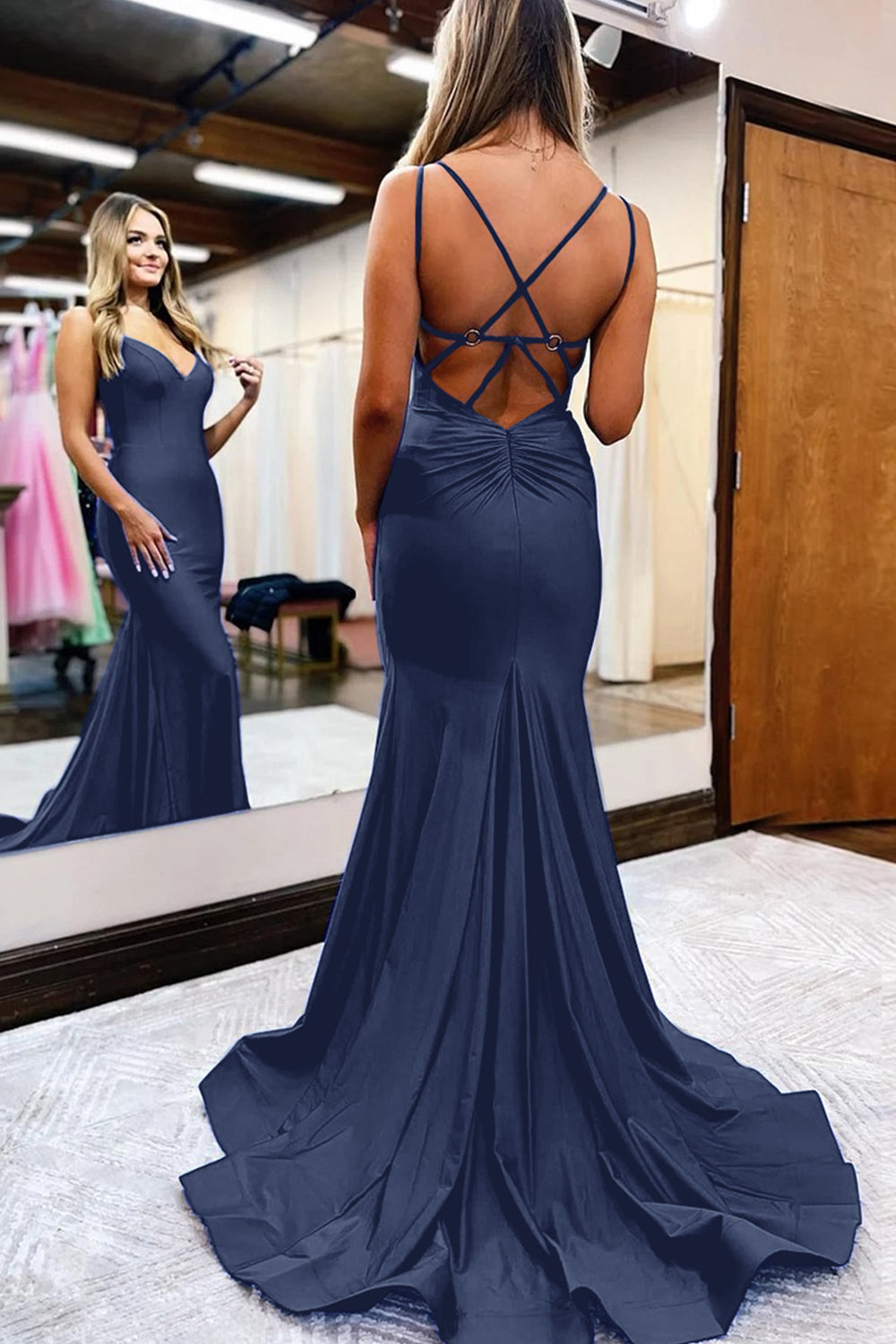 Simple Mermaid Prom Dress with Royal Blue Spaghetti Straps