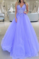 Elegant Purple V-Neck A-Line Long Prom Dress Featuring Appliques
