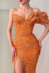 Glitter Orange V-Neck Mermaid Split Off-The-Shoulder Evening Dress With Sequins