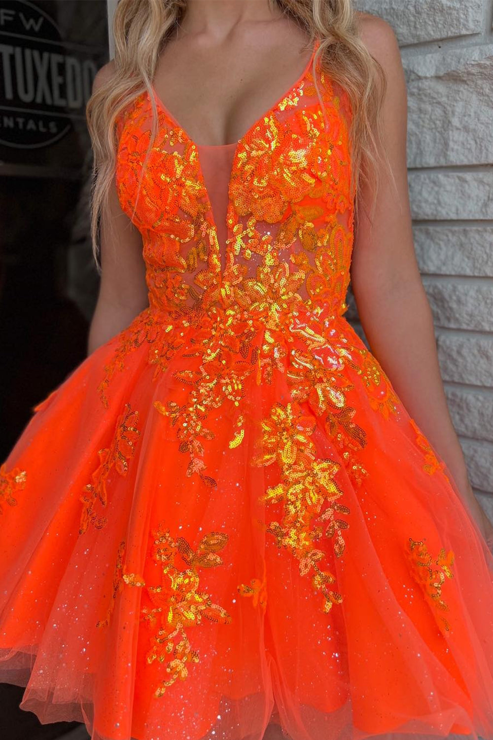 Sparkly Orange A-Line Spaghetti Straps Short Homecoming Dress/Mini Dress with Sequins