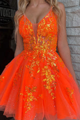 Sparkly Orange A-Line Spaghetti Straps Short Homecoming Dress/Mini Dress with Sequins