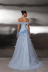 Off the Shoulder Sleeveless Long Formal Dress With Tulle Appliques