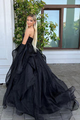 Black Long Prom Dress with Beading in a Princess A-Line Sweetheart Style