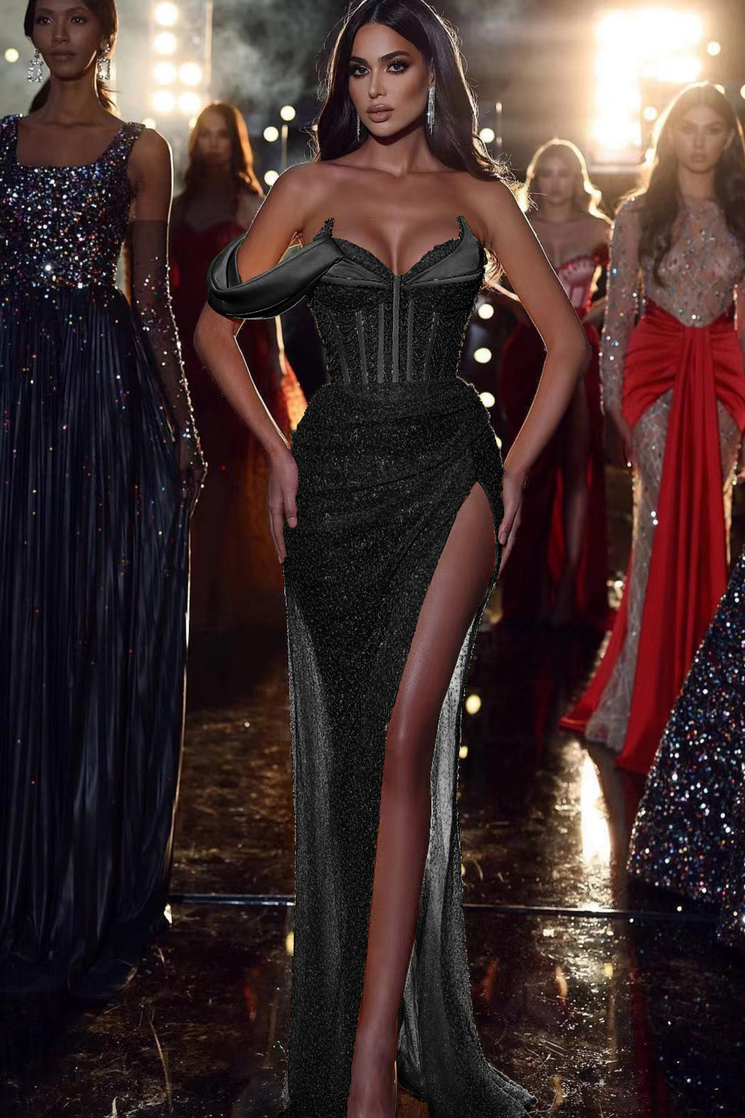 Yellow Sweetheart Sequins One Shoulder Mermaid Evening Dress With Slit