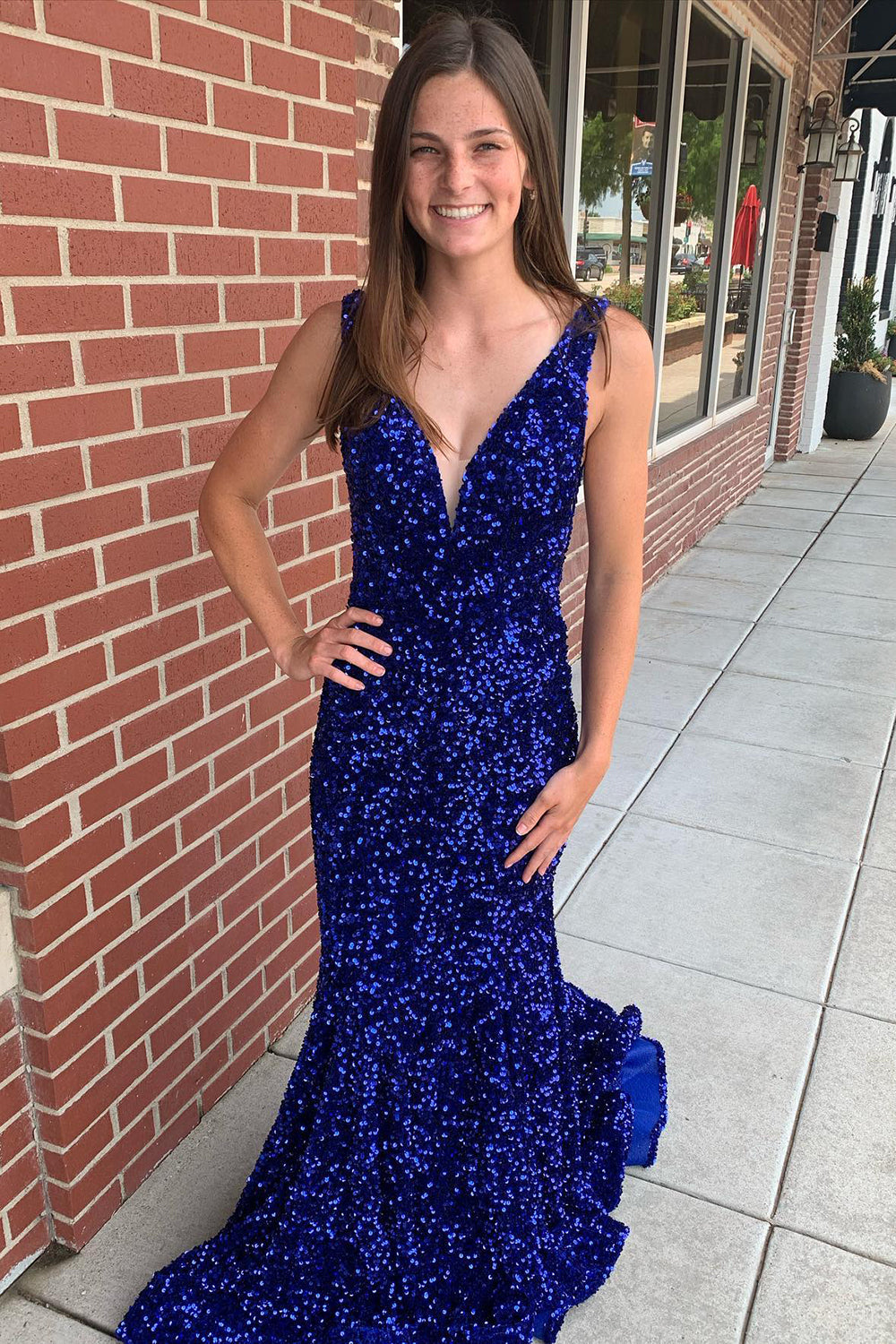 Long Prom Dress with Sequins in Mermaid Blue V-Neck