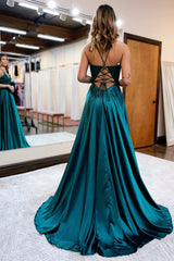 Prom Dress in Dark Green Satin with A-Line Silhouette and Appliques Featuring a Slit