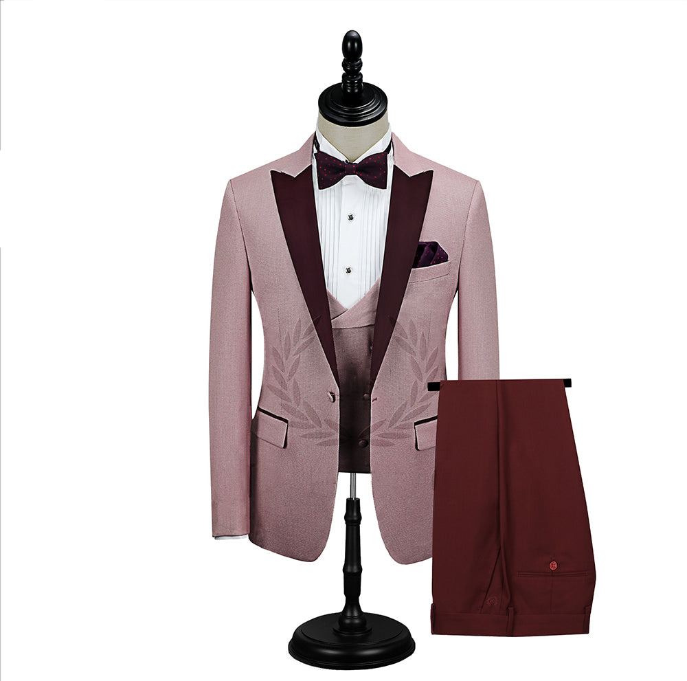 Stylish Burgundy Prom Suits Peak Lapel Suits with Pink One Button
