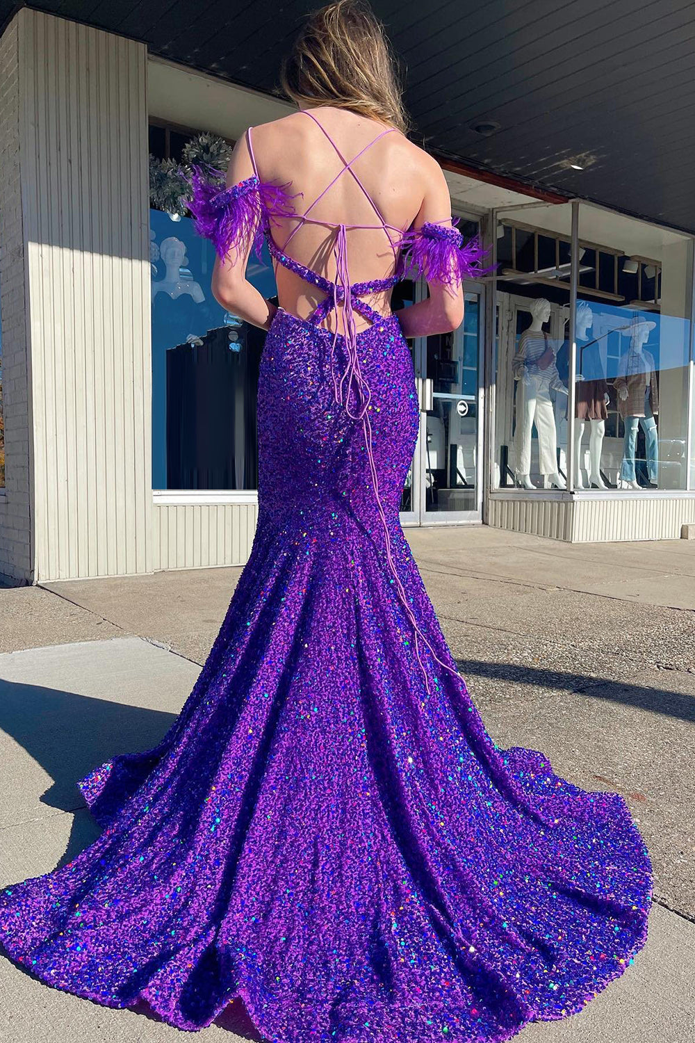 Purple Sequined Mermaid Prom Dress with Feathers and Off-Shoulder Cutouts