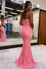 Sequined Mermaid Prom Dress with Blush Spaghetti Straps