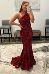 One Shoulder Backless Sequins Mermaid Evening Dress