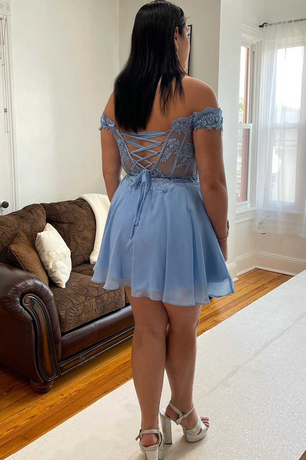 Grey Blue Corset A-Line Chiffon Short Homecoming Dress/Mini Dress with Lace