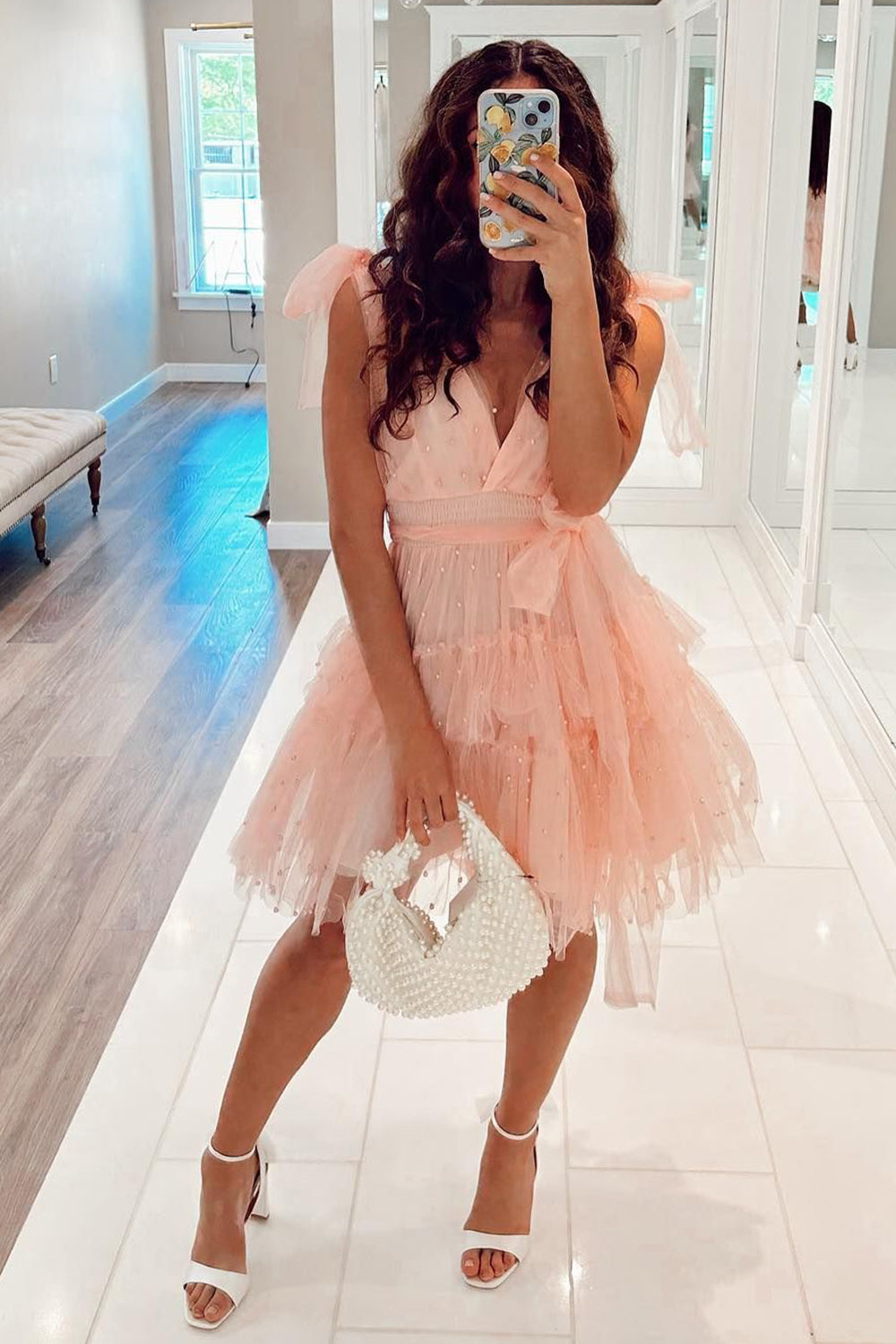Light Blue A-Line Tulle Tiered Short Homecoming Dress/Mini Dress with Pearls