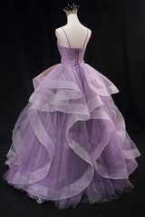 Long Light Purple Prom Dress with Spaghetti Straps and Ruffles in an A-Line Cut