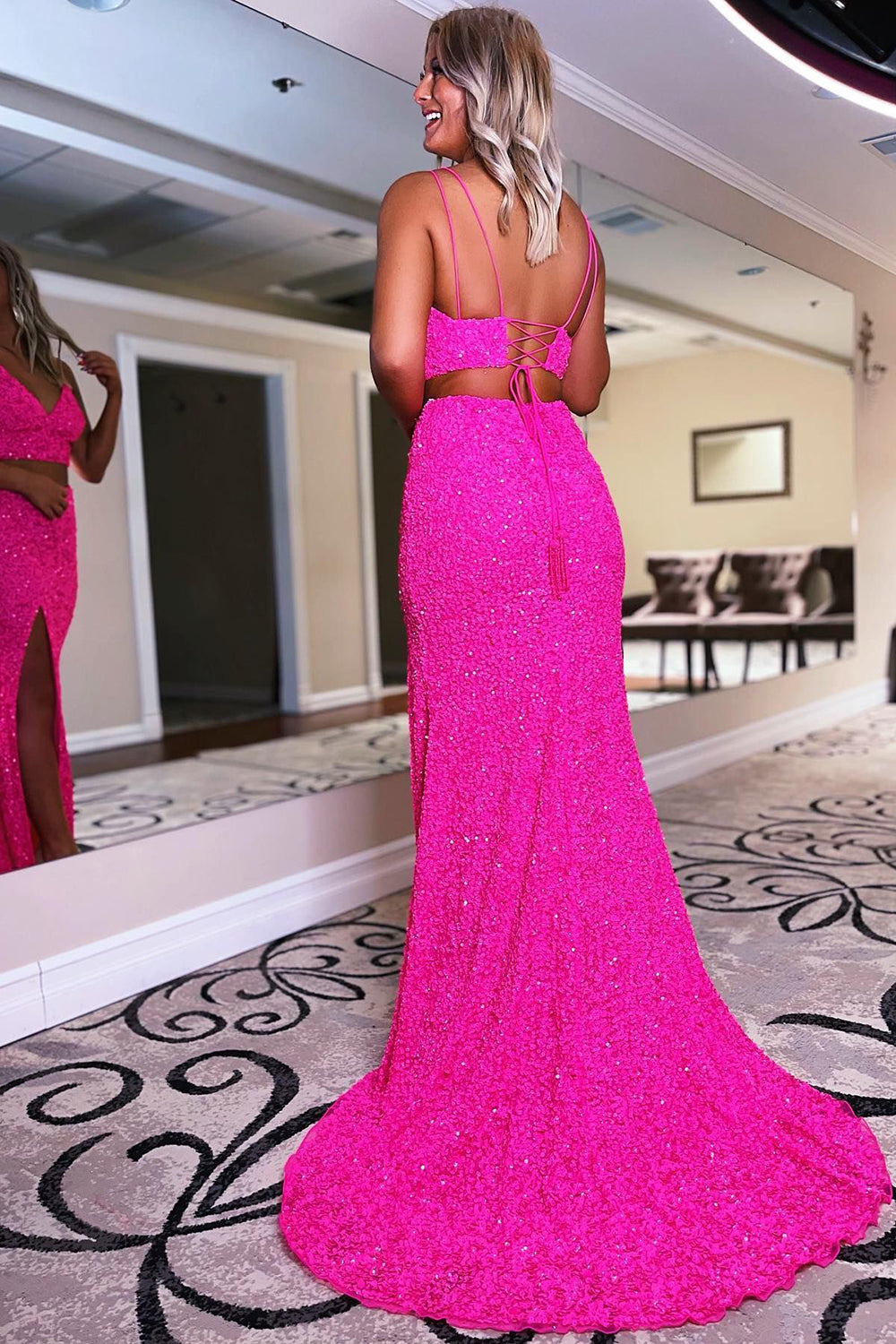 Orange Two-Piece Mermaid Prom Dress Featuring Sequins and a Slit