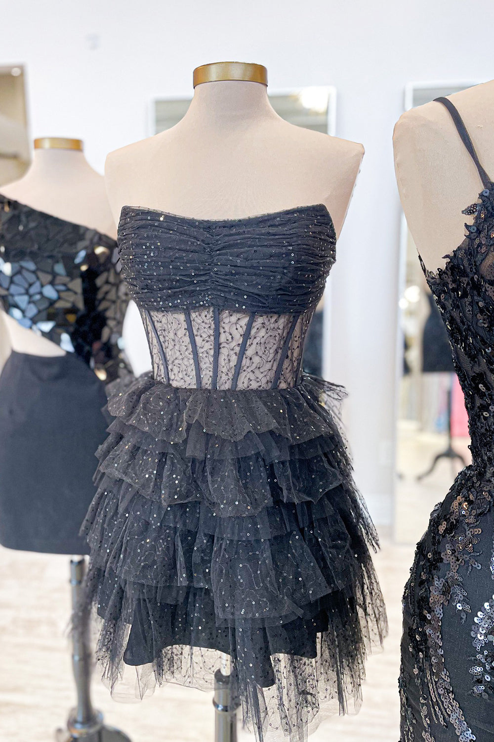 Glitter Black Corset Tiered A-Line Tulle Short Homecoming Dress/Mini Dress