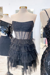 Sparkly Black Corset Tiered A-Line Tulle Short Homecoming Dress/Mini Dress