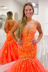 Stylish Orange Long Prom Dress with Mermaid Spaghetti Straps and Appliques