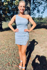 Sparkly Black One Shoulder Stars Tight Short Homecoming Dress/Mini Dress with Fringes