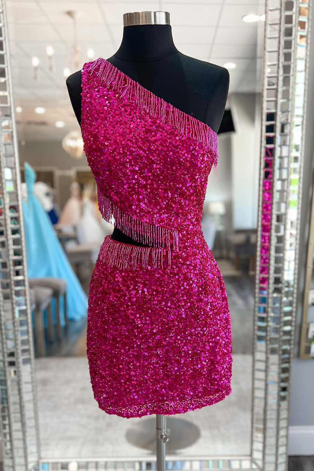 Sparkly Fuchsia Sequins Fringed Cut Out Tight Short Homecoming Dress/Mini Dress
