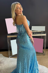 White Sequined Plus Size Mermaid Prom Dress with Feathers Strapless