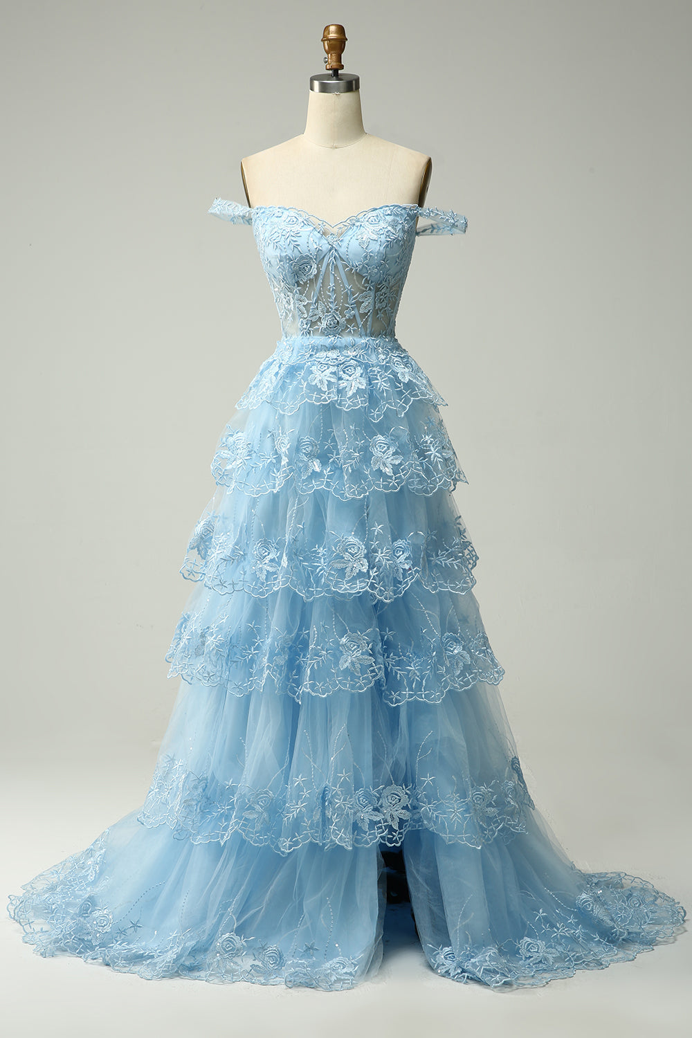 Long Tiered Off-the-Shoulder Corset Prom Dress in Fuchsia with Sequins for Princesses