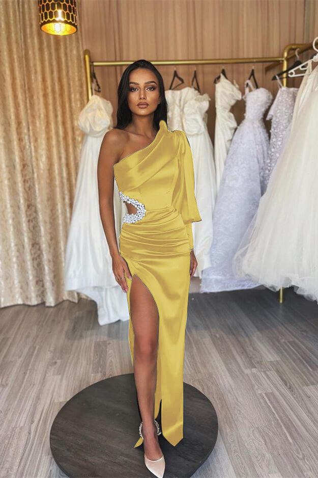 Black One Shoulder Long Sleeve Slit Mermaid Evening Dress With Pearls