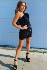 Black Sequins One Shoulder Homecoming Dress/Mini Dress