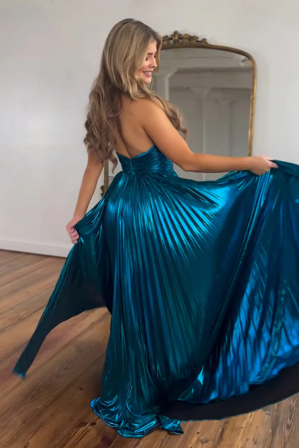 Long A-Line Pleated Prom Dress with Metallic Blush Halter Neck and Slit
