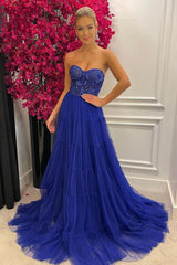 Blue Strapless Appliques Tulle A-Line Evening Dress Long
