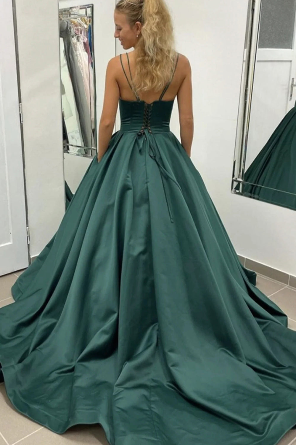 Dark Green Prom Dress with Spaghetti Straps and a Sweep Train in A-Line Silhouette
