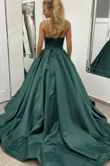 Dark Green Prom Dress with Spaghetti Straps and a Sweep Train in A-Line Silhouette