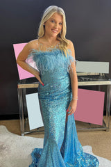 White Sequined Plus Size Mermaid Prom Dress with Feathers Strapless