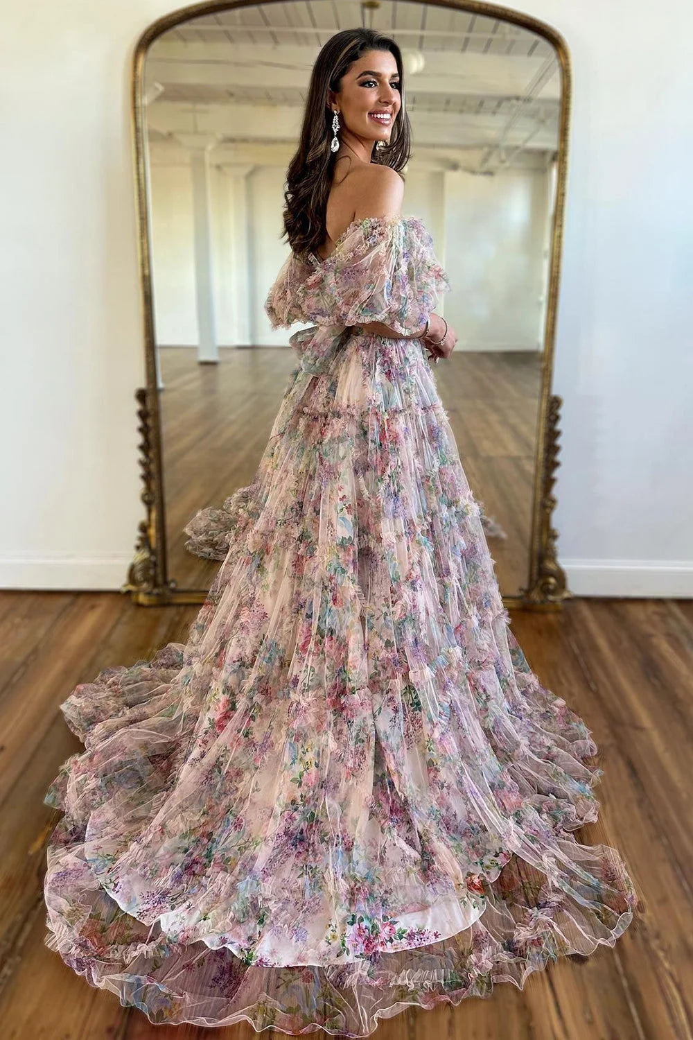Elegant Pink Floral Printed Off-the-Shoulder Corset Prom Dress with Sweep Train
