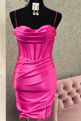 Simple Fuchsia Corset Tight Satin Short Homecoming Dress/Mini Dress